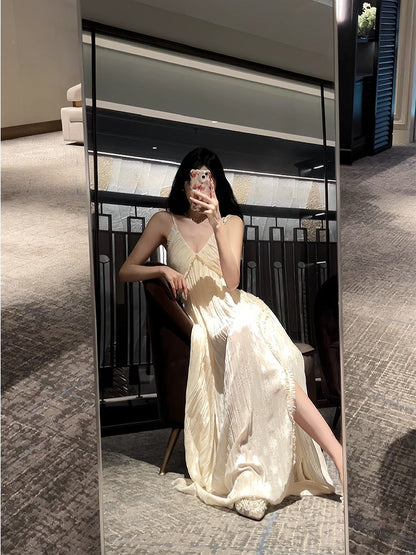 Sexy A Line Spaghetti Straps Chiffon Floor Length Slit Prom Dresses Evening Dress HZ1024