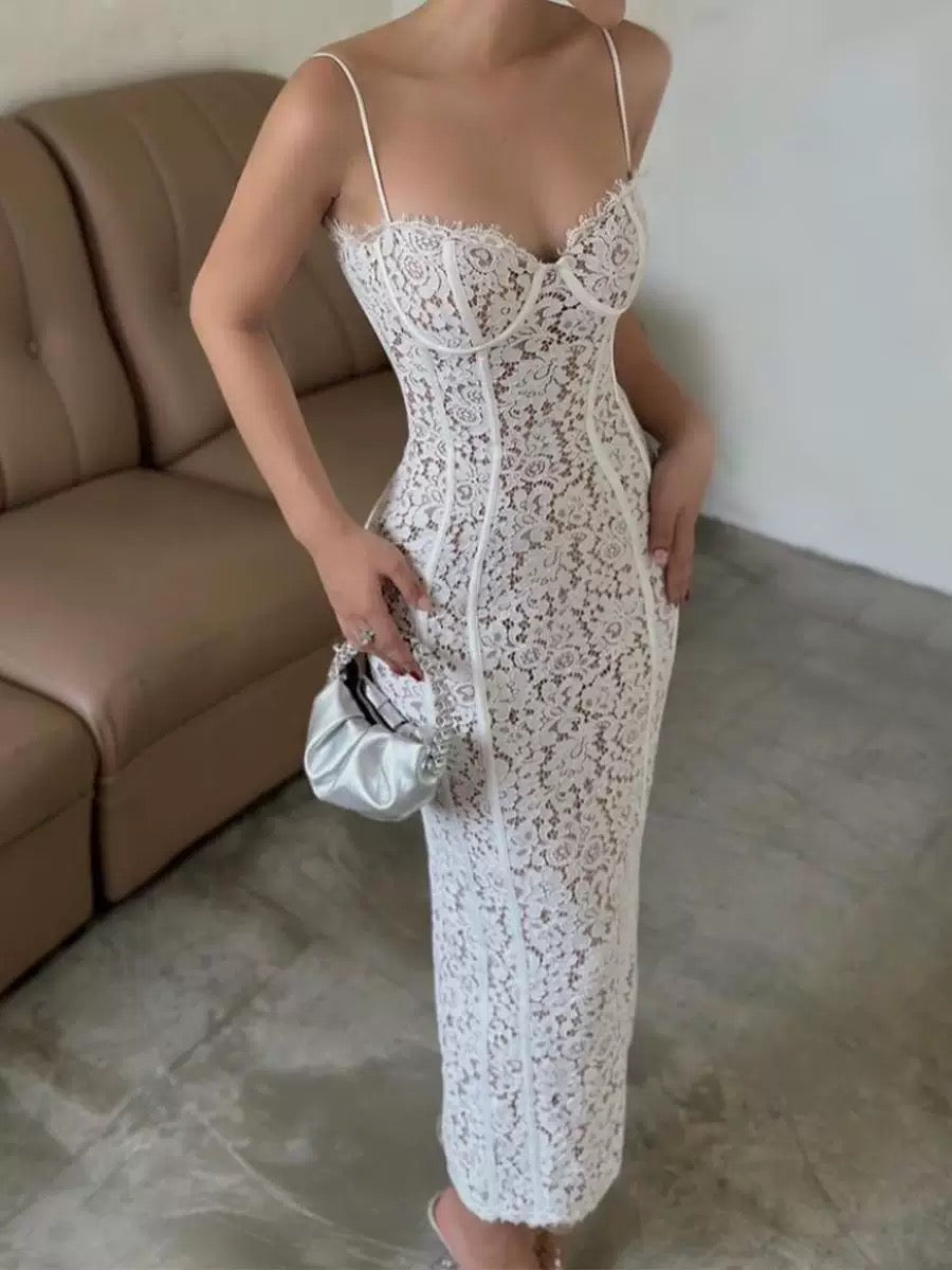 Sexy Sheath Spaghetti Straps White Lace Ankle Length Prom Dresses Evening Dress HZ1024