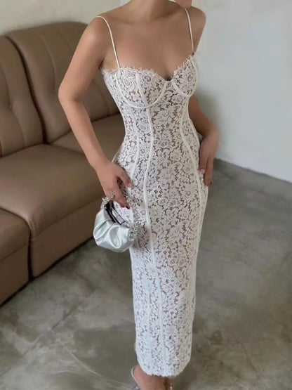 Sexy Sheath Spaghetti Straps White Lace Ankle Length Prom Dresses Evening Dress HZ1024