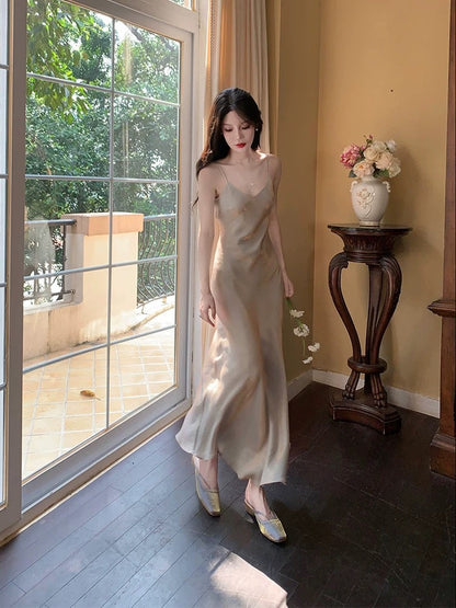 Sexy Sheath Spaghetti Straps Champagne Ankle Length Prom Dresses Evening Dress HZ1024