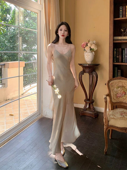 Sexy Sheath Spaghetti Straps Champagne Ankle Length Prom Dresses Evening Dress HZ1024