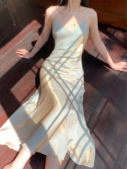 Sexy Sheath Spaghetti Straps Champagne Ankle Length Prom Dresses Evening Dress HZ1024
