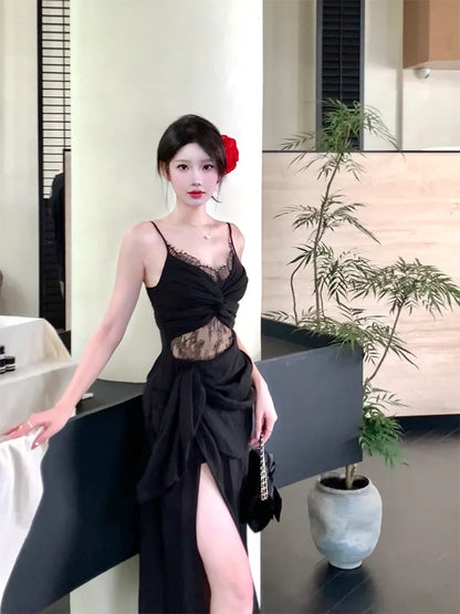 Pretty Sheath Spaghetti Straps Black Ankle Length Prom Dresses Evening Dress HZ1024