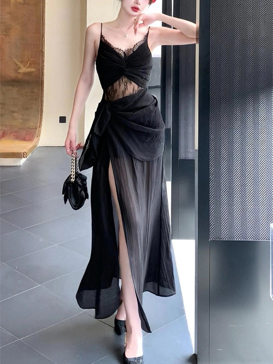 Pretty Sheath Spaghetti Straps Black Ankle Length Prom Dresses Evening Dress HZ1024