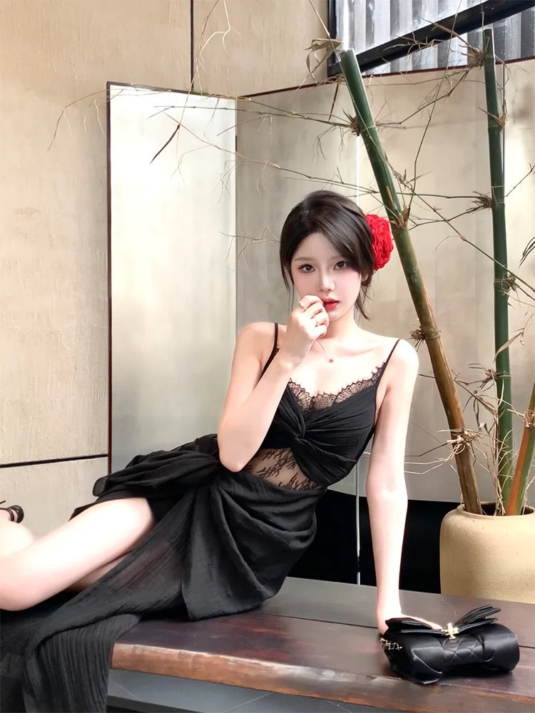 Pretty Sheath Spaghetti Straps Black Ankle Length Prom Dresses Evening Dress HZ1024