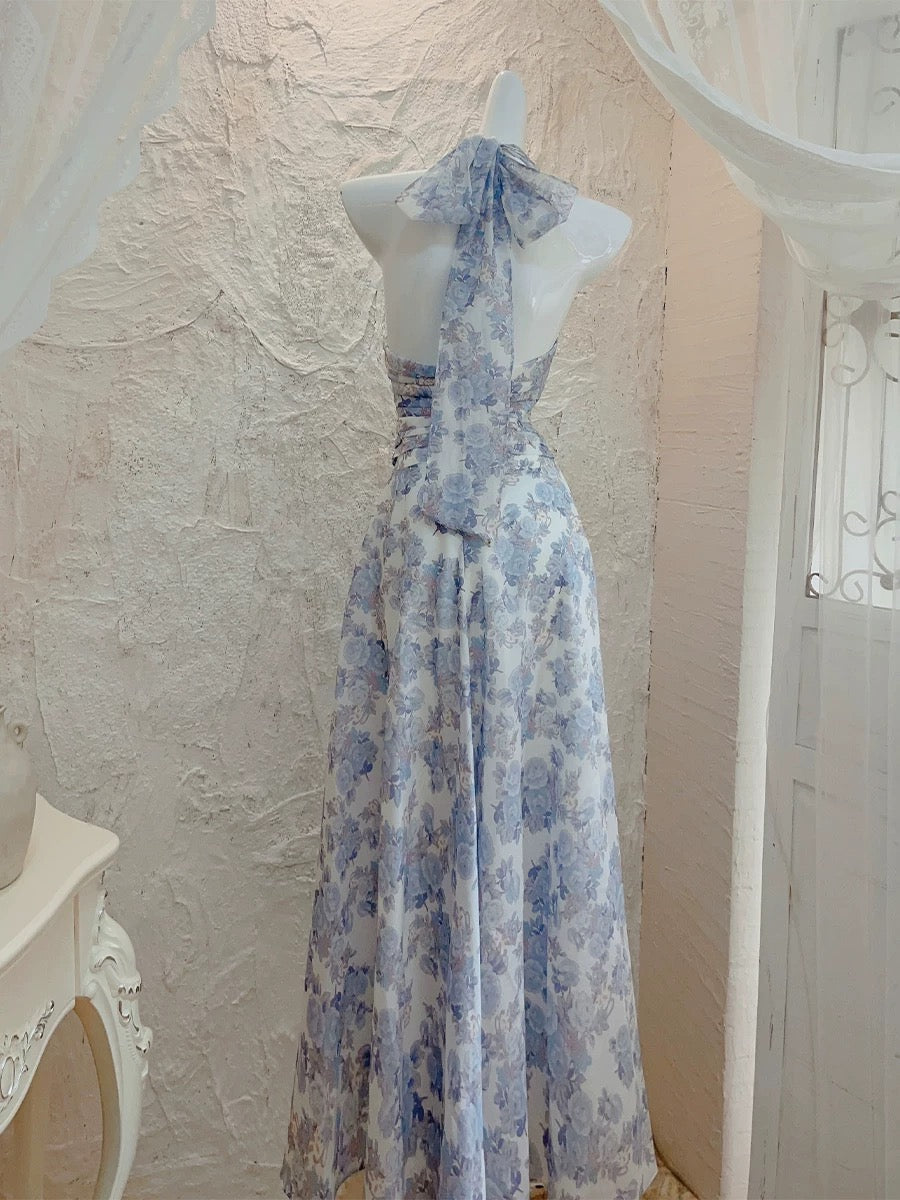 French A line Halter Lilac Floral Long Chiffon Prom Dresses Evening Dress HZ1024
