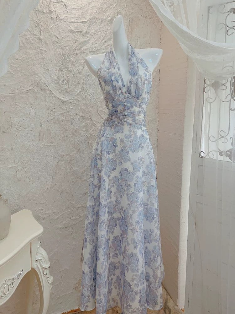 French A line Halter Lilac Floral Long Chiffon Prom Dresses Evening Dress HZ1024