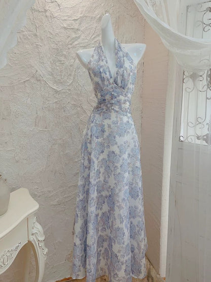French A line Halter Lilac Floral Long Chiffon Prom Dresses Evening Dress HZ1024