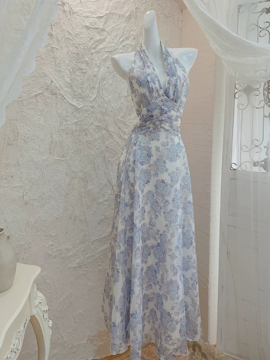 French A line Halter Lilac Floral Long Chiffon Prom Dresses Evening Dress HZ1024