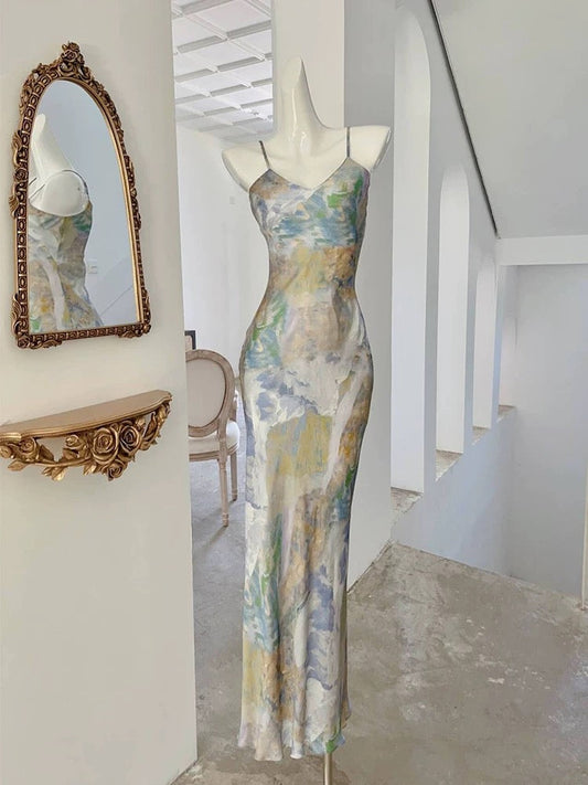 French Sheath Spaghetti Straps Floral Long Prom Dresses Evening Dress HZ1024