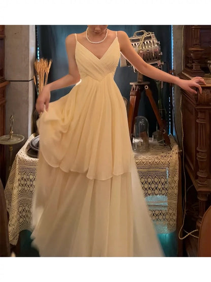 Classy A Line Spaghetti Straps Ivory Chiffon Long Prom Dresses Evening Dress With Layers HZ1024