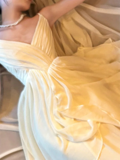 Classy A Line Spaghetti Straps Ivory Chiffon Long Prom Dresses Evening Dress With Layers HZ1024