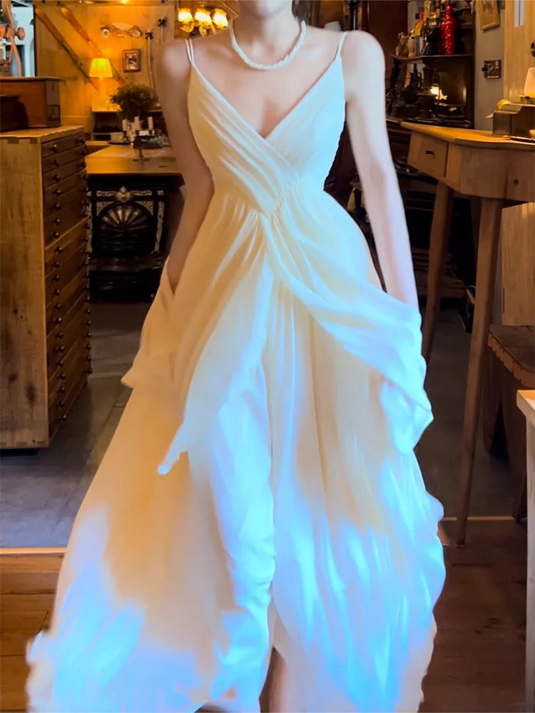 Classy A Line Spaghetti Straps Ivory Chiffon Long Prom Dresses Evening Dress With Layers HZ1024