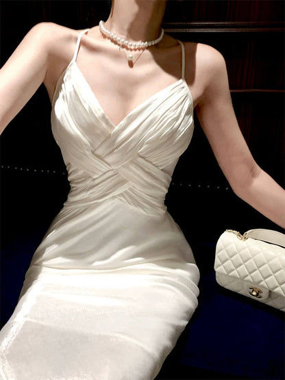 Classy Sheath Spaghetti Straps Sleeveless White Long Prom Dresses Evening Dress HZ1024