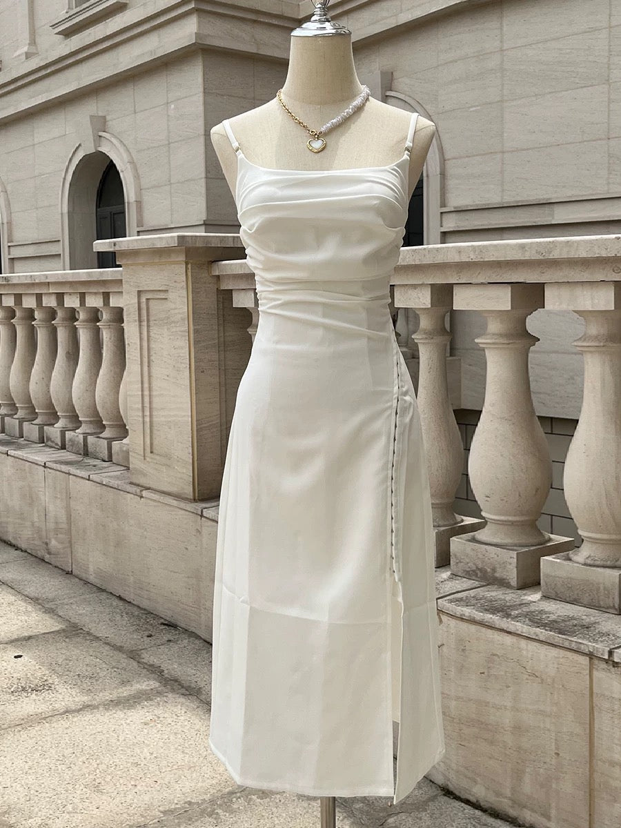 Classy A Line Spaghetti Straps Ivory Chiffon Tea Length Prom Dresses Evening Dress With Split HZ1024