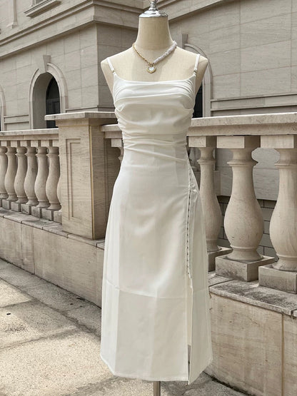 Classy A Line Spaghetti Straps Ivory Chiffon Tea Length Prom Dresses Evening Dress With Split HZ1024