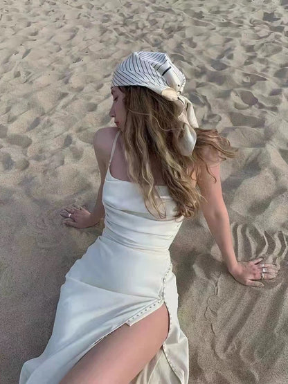 Classy A Line Spaghetti Straps Ivory Chiffon Tea Length Prom Dresses Evening Dress With Split HZ1024