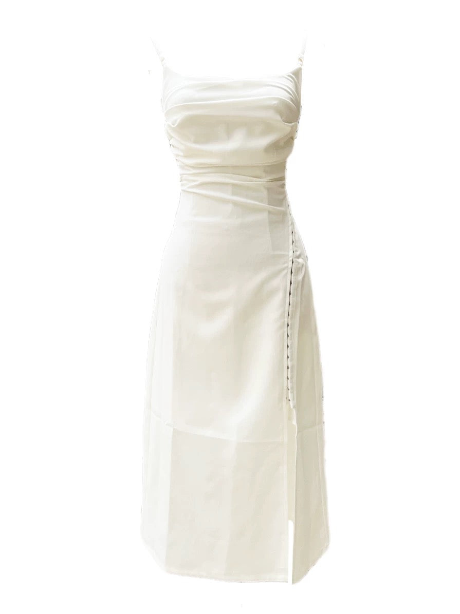 Classy A Line Spaghetti Straps Ivory Chiffon Tea Length Prom Dresses Evening Dress With Split HZ1024