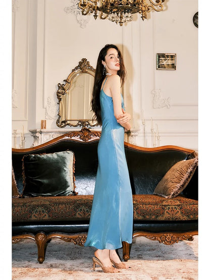 Vintage Sheath Spaghetti Straps Sleeveless Ice Blue Prom Dresses Evening Dress HZ1024