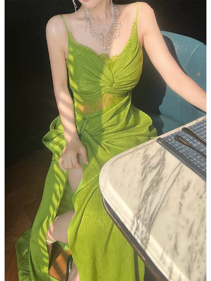 Vintage Sheath Spaghetti Straps Sleeveless Green Slit Prom Dresses Evening Dress HZ1024