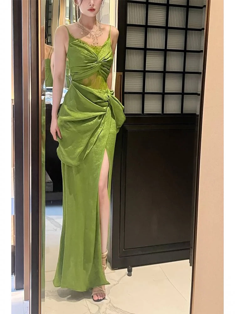 Vintage Sheath Spaghetti Straps Sleeveless Green Slit Prom Dresses Evening Dress HZ1024