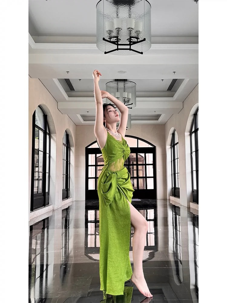 Vintage Sheath Spaghetti Straps Sleeveless Green Slit Prom Dresses Evening Dress HZ1024