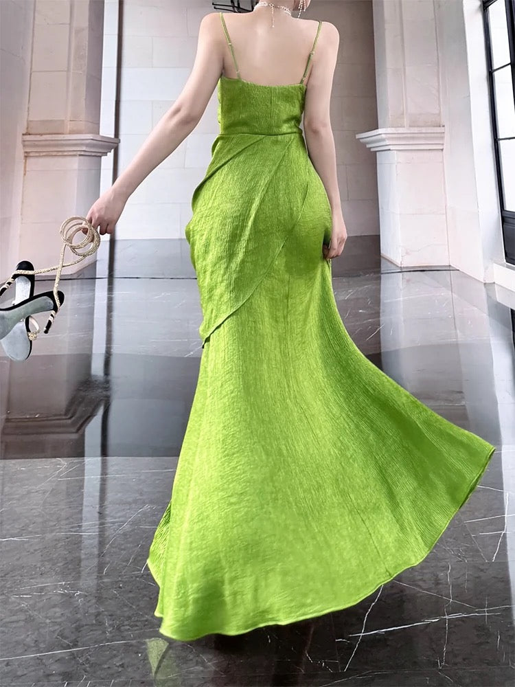 Vintage Sheath Spaghetti Straps Sleeveless Green Slit Prom Dresses Evening Dress HZ1024