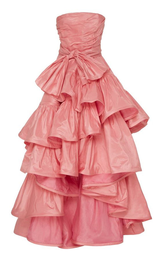 Ball Gown Strapless Pink Long Prom Dresses Evening Dress With Ruffles HZ1024