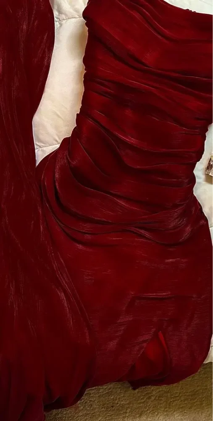 Simple Sheath Spaghetti Straps Burgundy Long Prom Dresses Evening Dress With Ruffles HZ1024