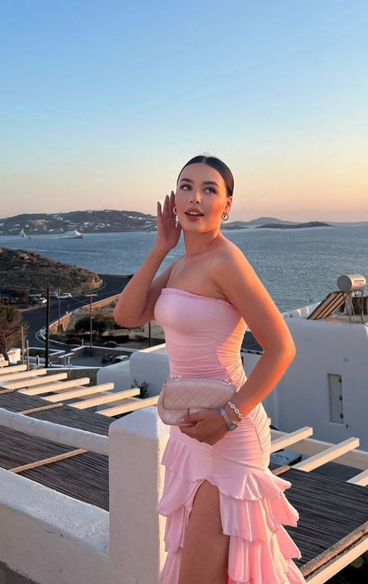 Sexy Sheath Strapless Sleeveless Pink Prom Dresses Evening Gowns HZ1024