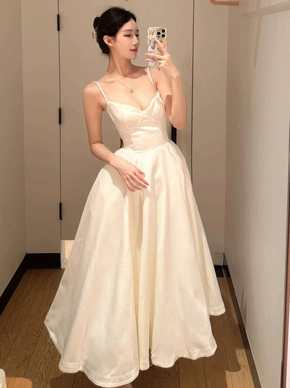 Sexy Ball Gown Spaghetti Straps White Satin Ankle Length Prom Dresses Evening Gowns HZ1024