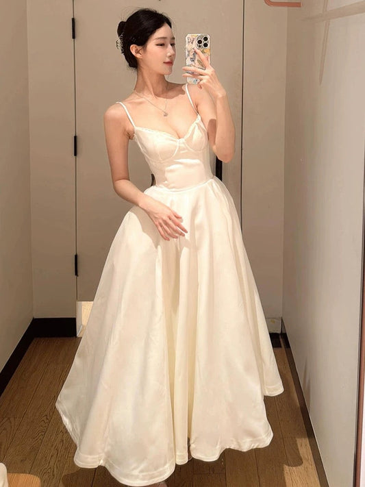 Sexy Ball Gown Spaghetti Straps White Satin Ankle Length Prom Dresses Evening Gowns HZ1024