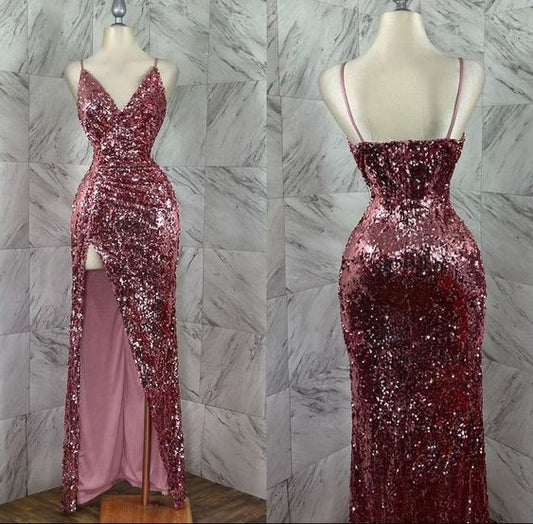 Pretty Sheath Spaghetti Straps Sequin Long Prom Dresses Glitter Slit Evening Dress HZ1024