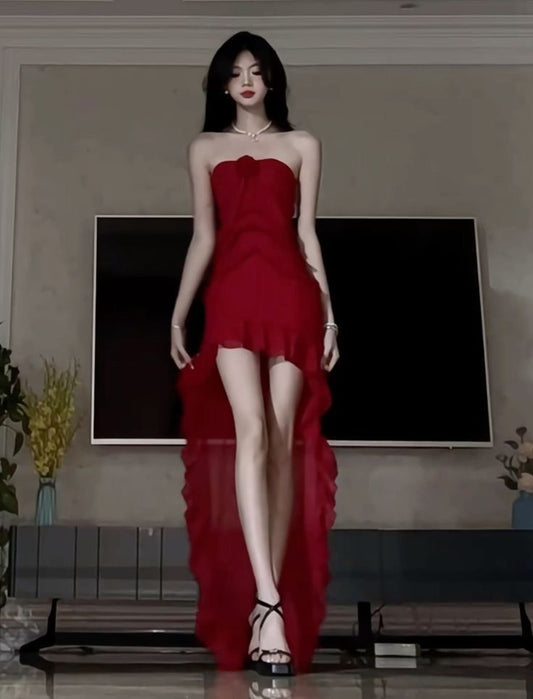 Pretty High Low Strapless Chiffon Long Prom Dresses Burgundy Evening Dress HZ1024