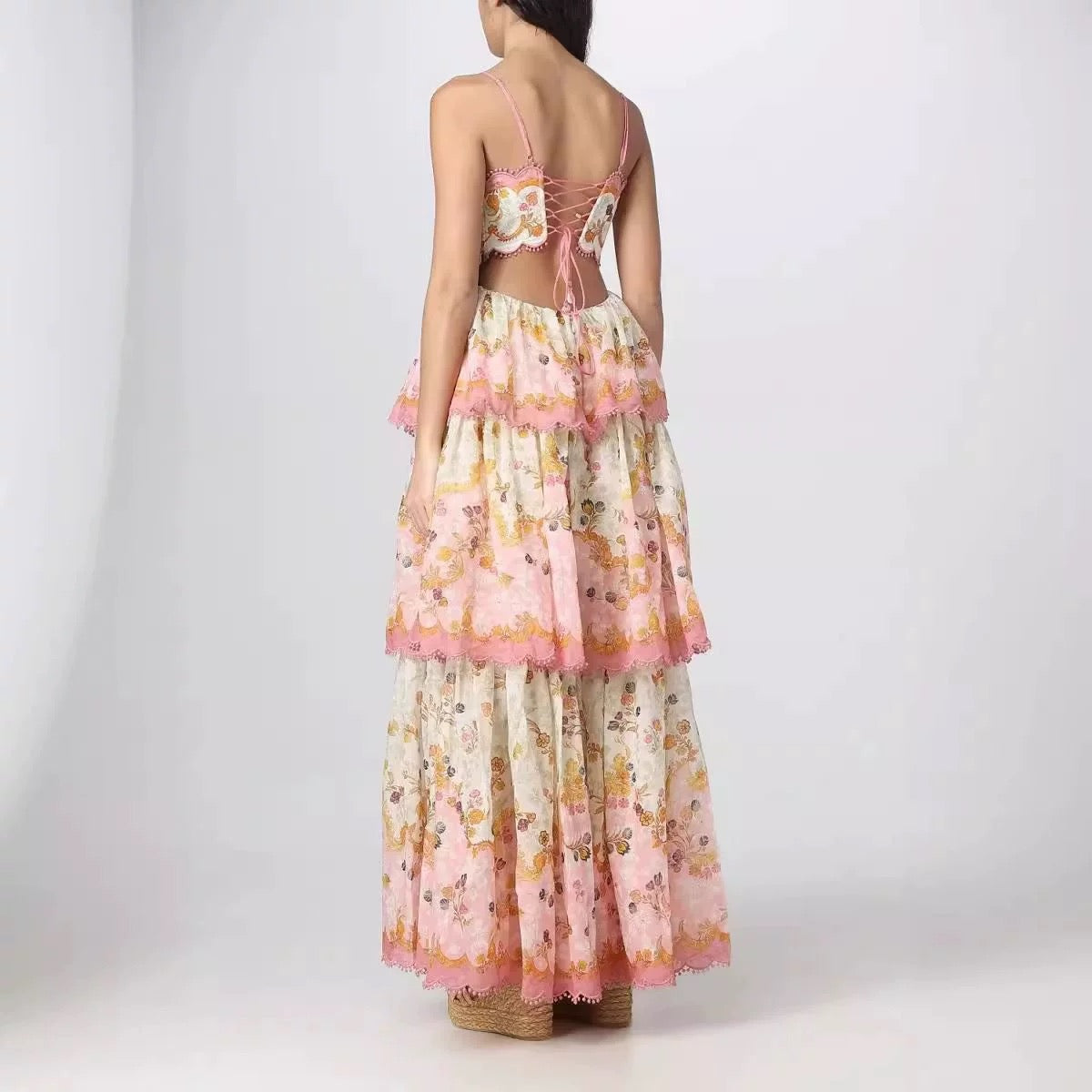 Pretty A line Spaghetti Straps Pink Floral Ruffles Backless Long Prom Dresses Evening Dress HZ1024