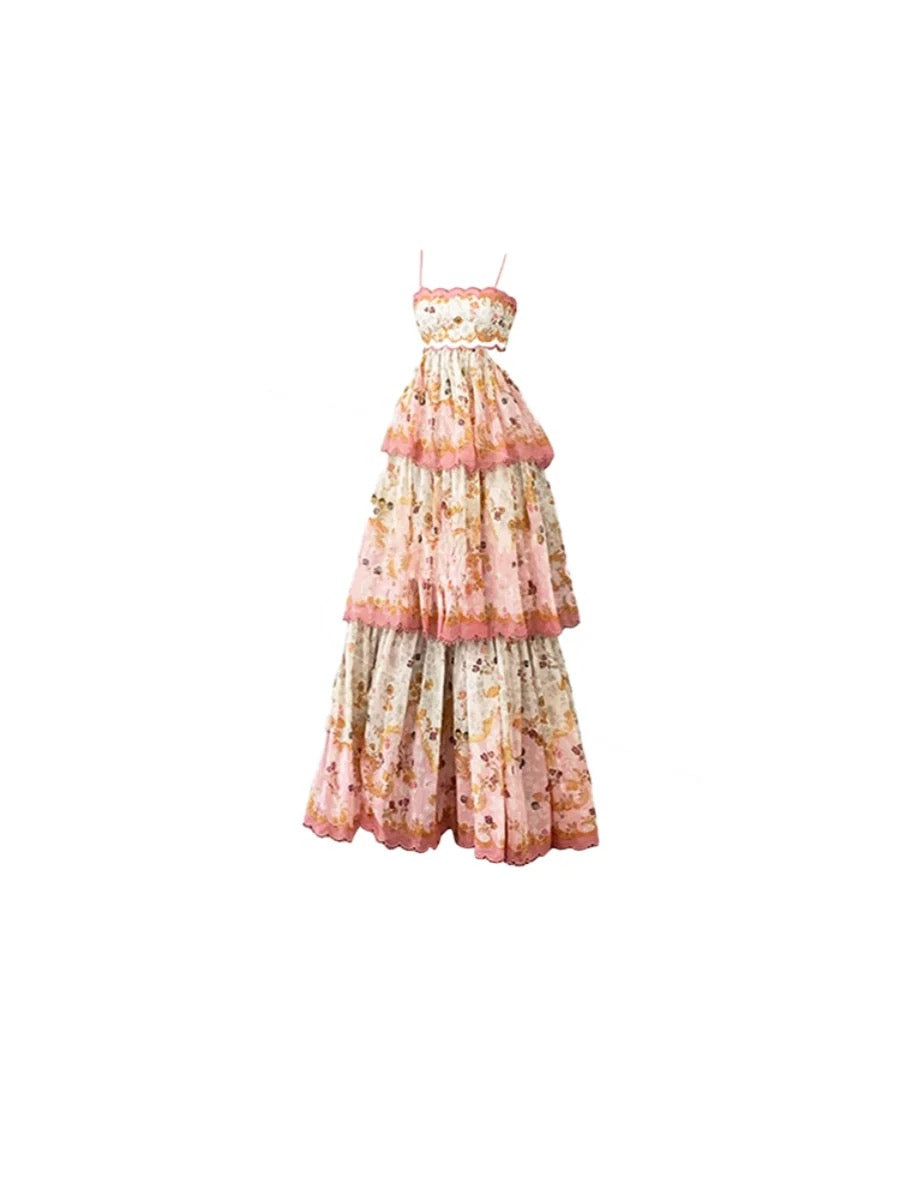 Pretty A line Spaghetti Straps Pink Floral Ruffles Backless Long Prom Dresses Evening Dress HZ1024