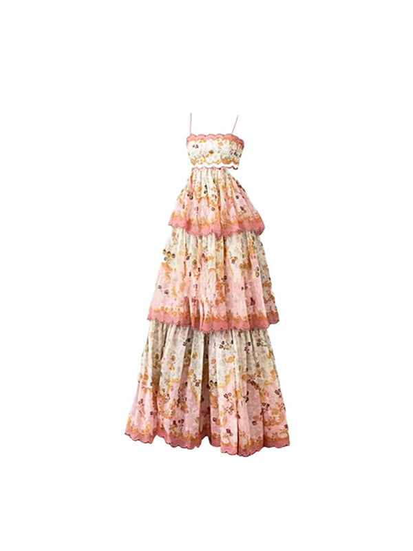 Pretty A line Spaghetti Straps Pink Floral Ruffles Backless Long Prom Dresses Evening Dress HZ1024