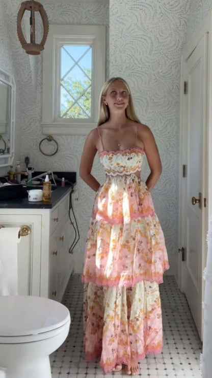 Pretty A line Spaghetti Straps Pink Floral Ruffles Backless Long Prom Dresses Evening Dress HZ1024