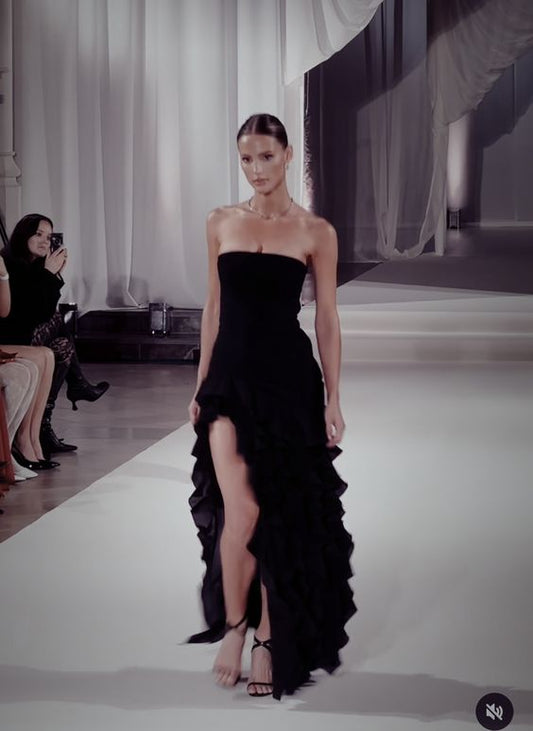 Pretty High Low Strapless Black Chiffon Floor Length Prom Dresses Evening Dress HZ1024