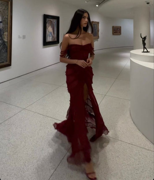 Sexy Sheath Strapless Red Chiffon Floor Length Prom Dresses Evening Dress HZ1024
