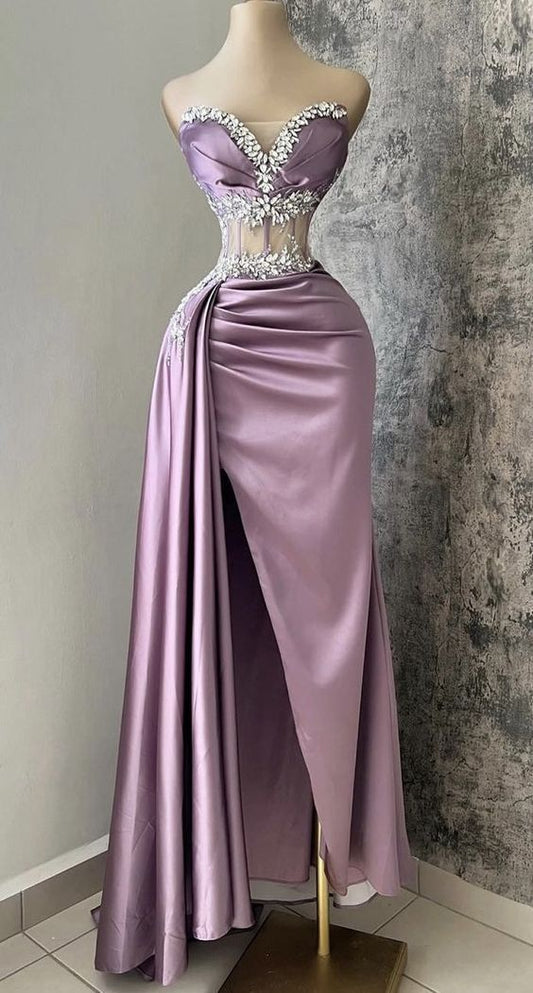 Sexy Sheath Strapless Lilac Satin Slit Floor Length Prom Dresses Evening Dress HZ1024