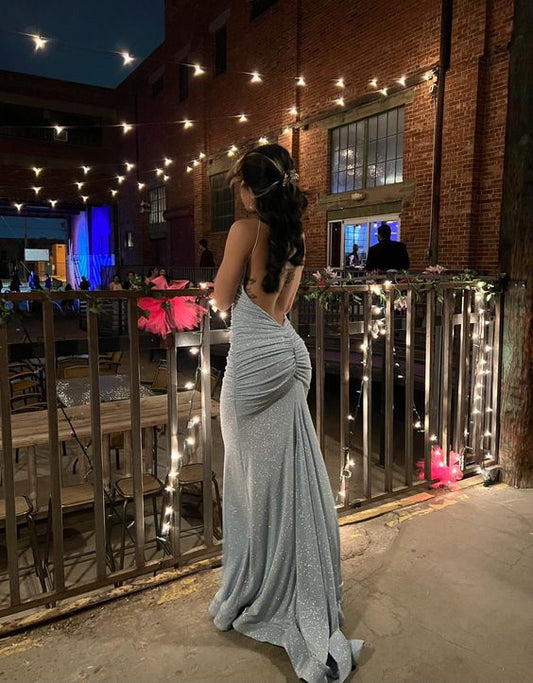 Sexy Mermaid Spaghetti Straps Gray Sequin Floor Length Prom Dresses Evening Dress HZ1024