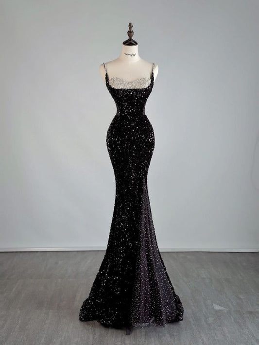 Sexy Mermaid Spaghetti Straps Black Sequin Floor Length Prom Dresses Evening Dress HZ1024
