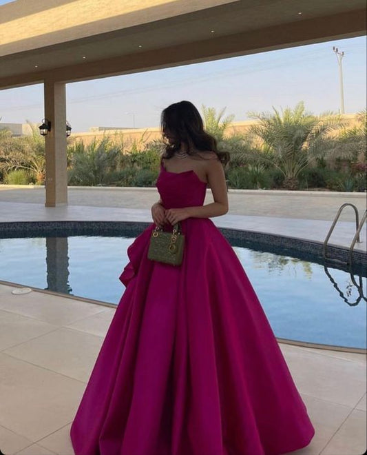 Fancy Ball Gown Strapless Hot Pink Long Prom Dresses Evening Dress HZ1024