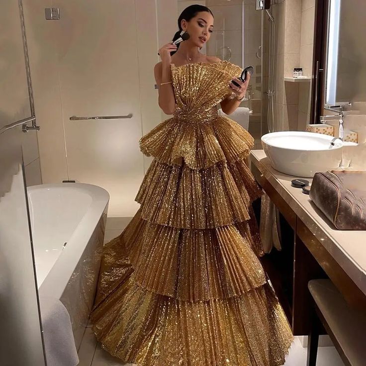 Fancy Ball Gown Strapless Gold Sequin Long Prom Dresses Evening Dress HZ1024