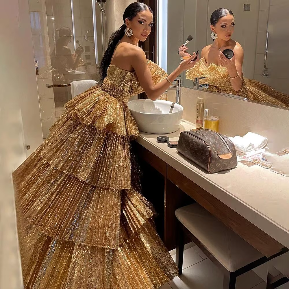Fancy Ball Gown Strapless Gold Sequin Long Prom Dresses Evening Dress HZ1024
