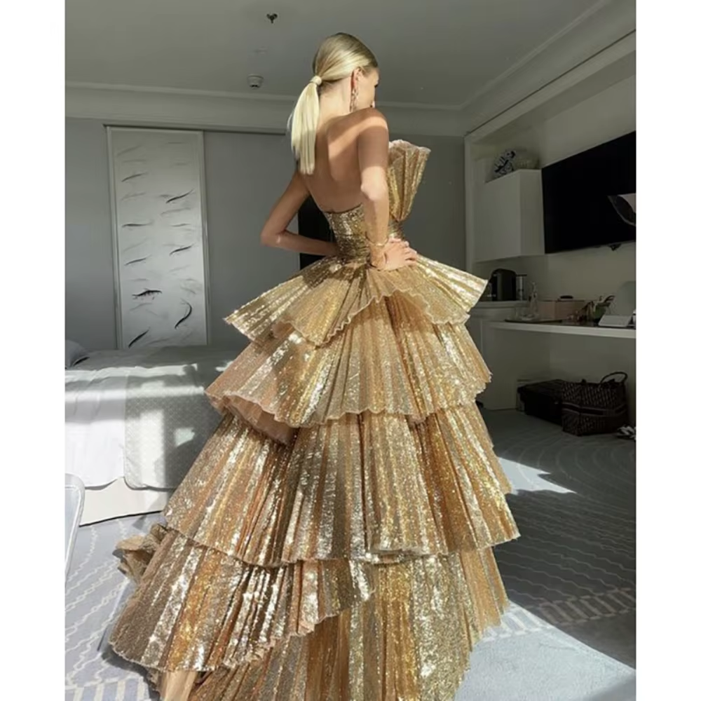 Fancy Ball Gown Strapless Gold Sequin Long Prom Dresses Evening Dress HZ1024