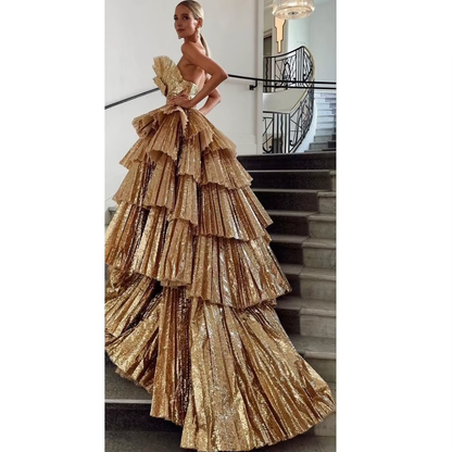 Fancy Ball Gown Strapless Gold Sequin Long Prom Dresses Evening Dress HZ1024