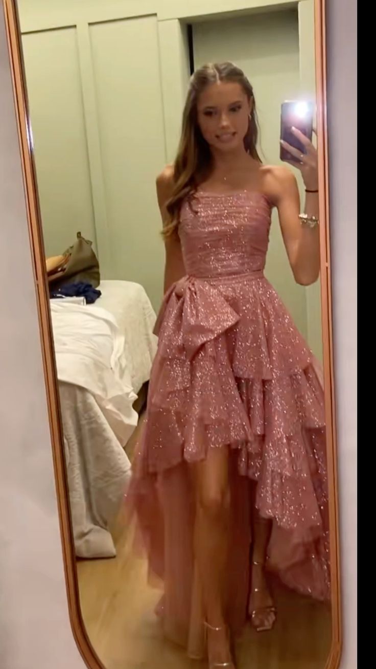 Fancy High Low Strapless Pink Sequin Long Prom Dresses Evening Dress HZ1024