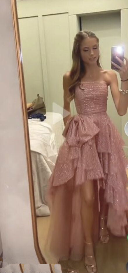 Fancy High Low Strapless Pink Sequin Long Prom Dresses Evening Dress HZ1024
